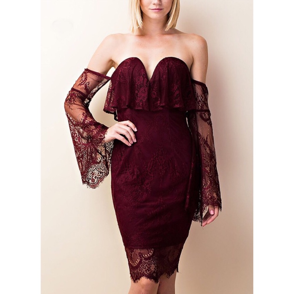 Burgundy Wine Red Off-Shoulder Lace Dress